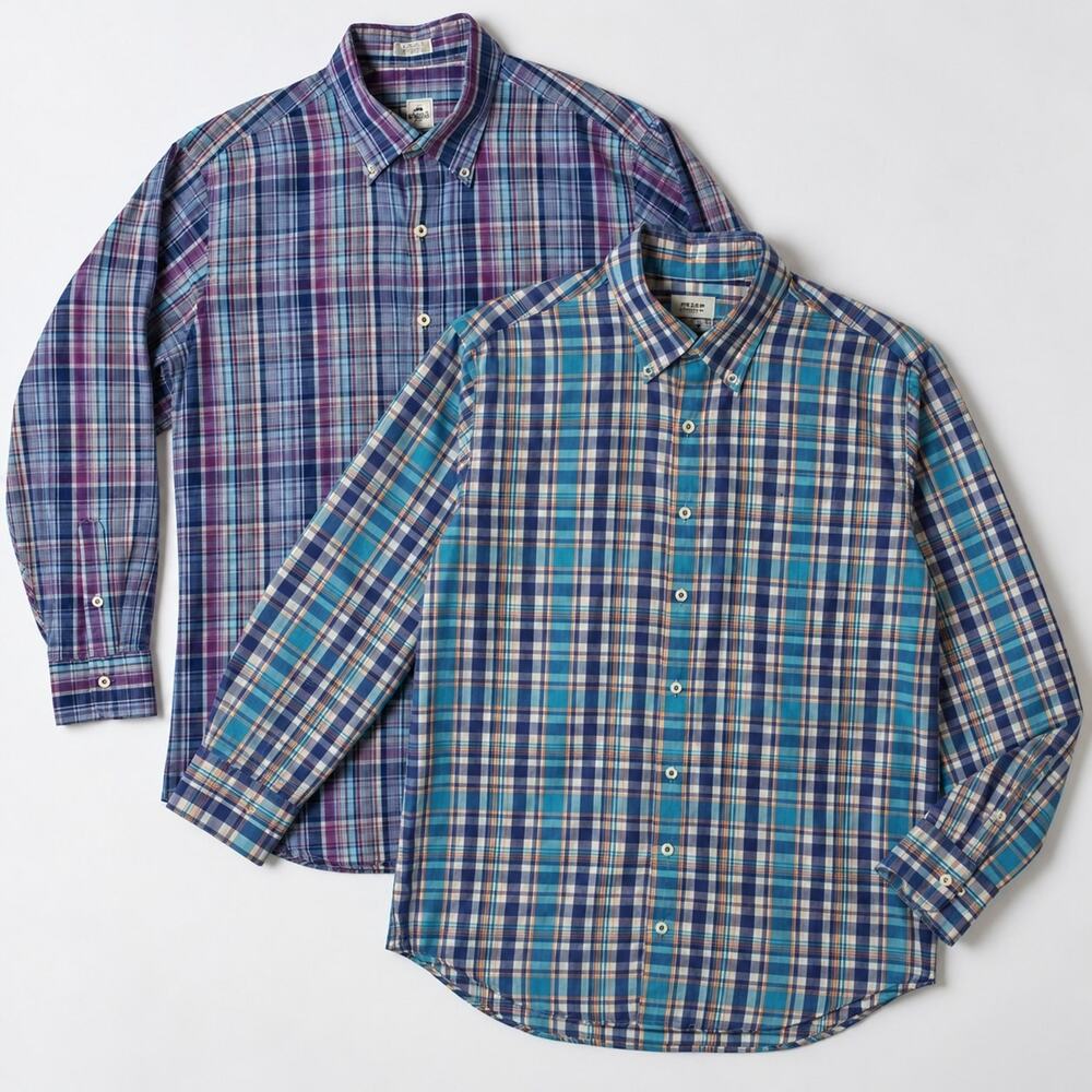 Peter Millar Sport Shirt Lot of 2 Preppy Plaid 100% Cotton Long Sleeve Sz M